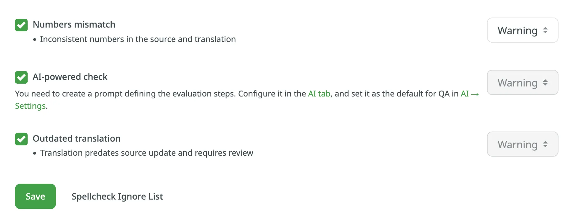 QA Checks Save Settings